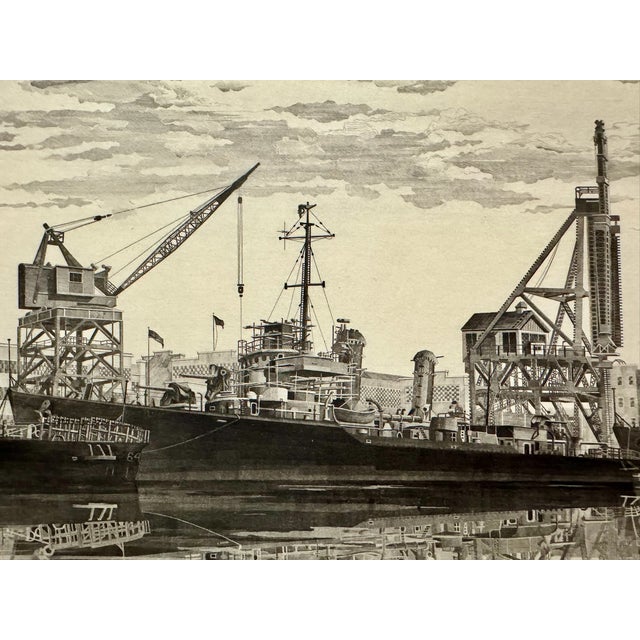 Original signed etching by John Taylor Arms (American, 1887 to 1953), titled "Destroyers in Wet Basin at Federal...
