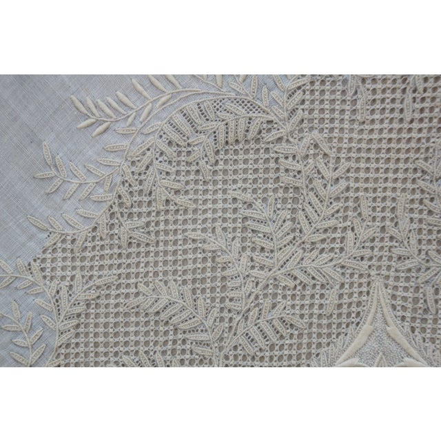 Antique French Framed White Linen & Lace Fleur De Lis Embroidered Textile For Sale - Image 9 of 11