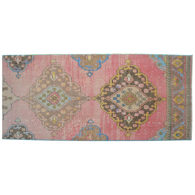 1960s Traditional Turkish Runner Hand Knotted Distressed Low Pile Pink Hallway Rug Kitchen Decor For Sale - Image 11 of 14
