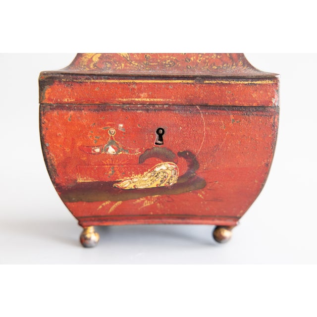 Red 19th Century French Empire Chinoiserie Red Tole Tea Caddy Sarcophagus Box For Sale - Image 8 of 12