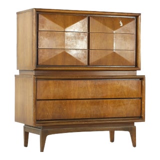 United Diamond Mid Century Walnut Highboy Dresser For Sale