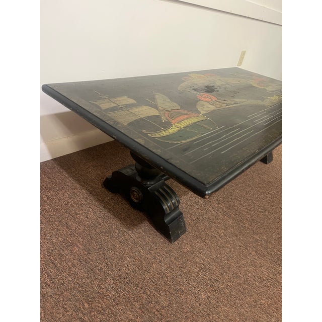 Early 20th Century Early 20th Century Chinoiserie Black Hand-Painted, Trestle Coffee Table For Sale - Image 5 of 12