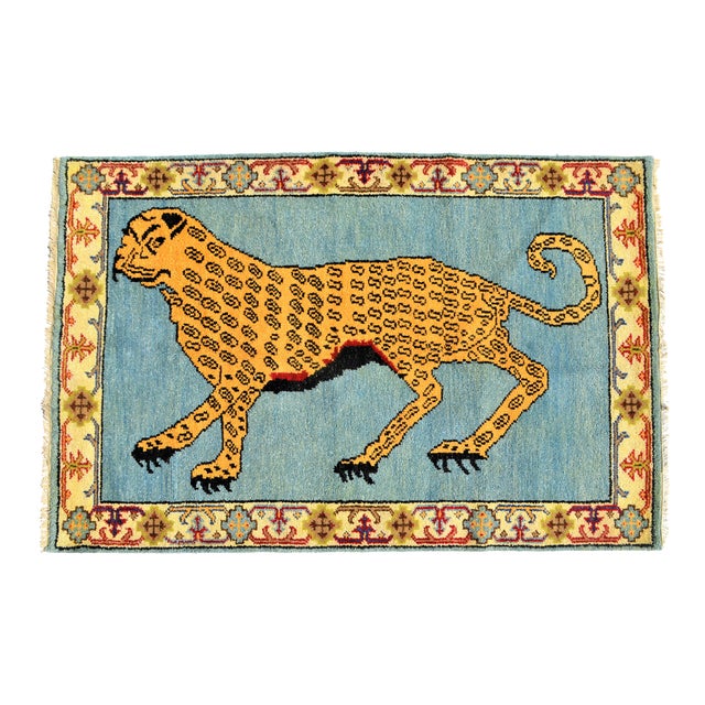 Vintage Turkish Leopard Hunting Design Rug- 4′ × 6′ For Sale