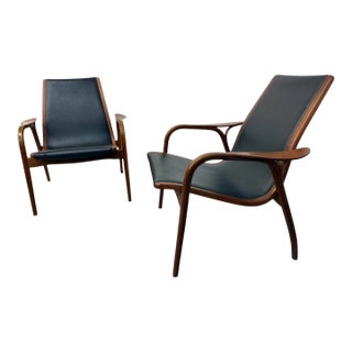 Mid-Century Swedish Modern Lamino Walnut Lounge Chairs - Set of 2 For Sale