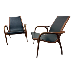 Mid-Century Swedish Modern Lamino Walnut Lounge Chairs - Set of 2