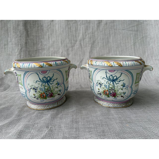Hand Painted Bisque CachePots Set of 2 For Sale - Image 12 of 18