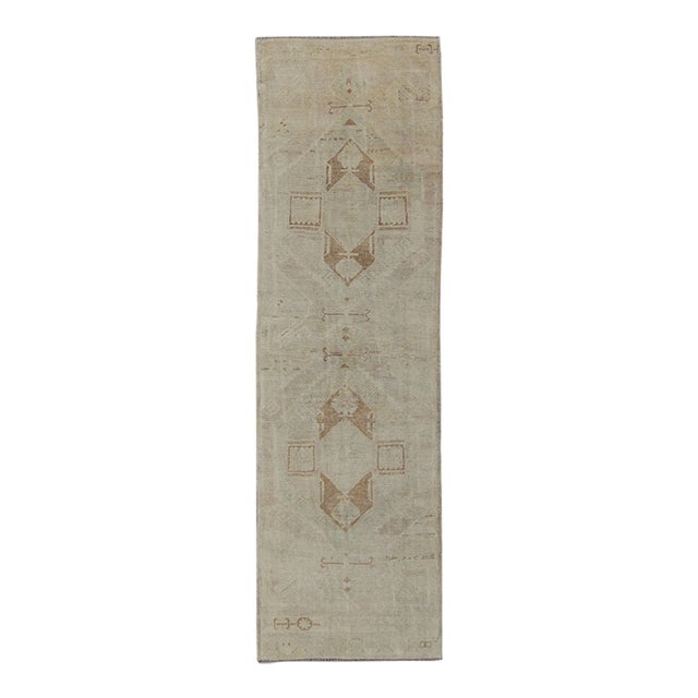Vintage Oushak Turkish Runner With Ivory, Taupe and Light Brown and Faint Green For Sale