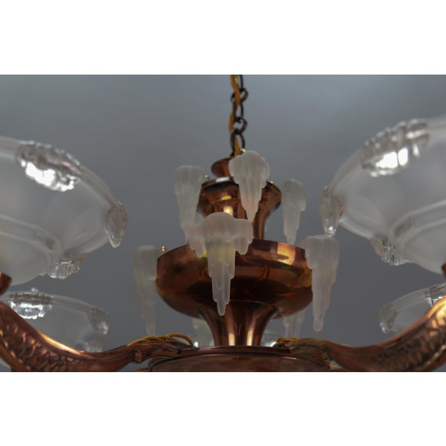 Art Deco French Frosted Glass, Brass, and Copper Chandelier, 1930s For Sale - Image 10 of 18
