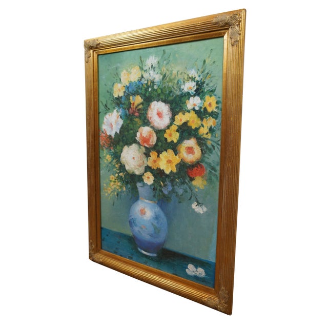 Contemporary Vintage Bouquet of Flowers Blue Vase Still Life Oil Painting on Canvas 40" For Sale - Image 3 of 9