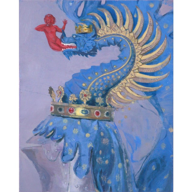 Protector of The House by Elena Burykina | Oil on panel Blue dragon with a red figure in its mouth. For Sale