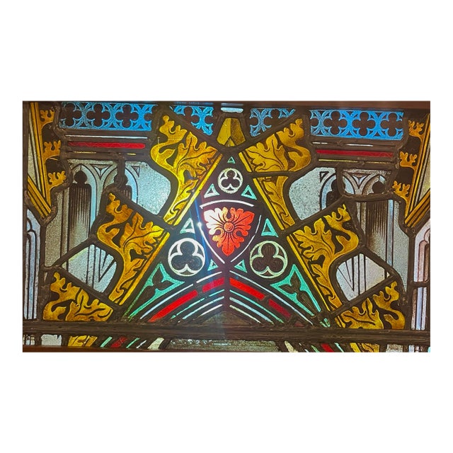 Framed Stained/Painted Glass Window Piece 26”x16” Vintage, Handmade, Secure Frame With Hanging Chains For Sale