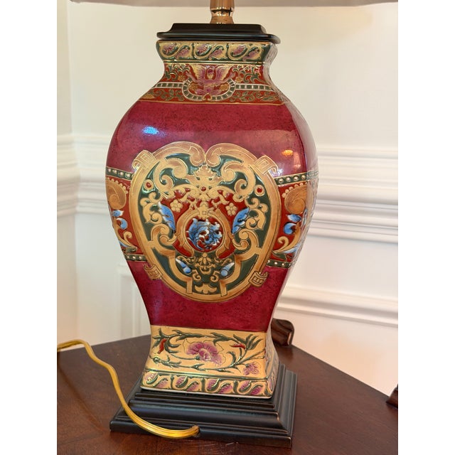 Chinoiserie Late 20th Century Hand-Painted Oxblood Red Asian Chinoiserie Ceramic Table Lamp With Shade For Sale - Image 3 of 9