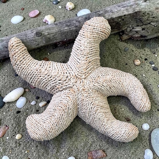 This vintage nautical coastal décor wall hanging features a starfish design made of woven wicker, adding a touch of...