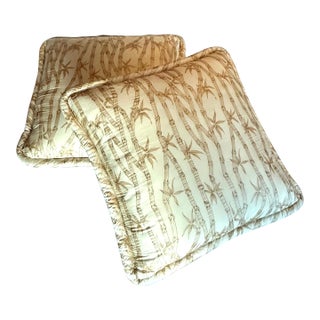Mid 20th Century Chinoiserie Champagne and Bronze Bamboo Print Satin Pillows- A Pair For Sale
