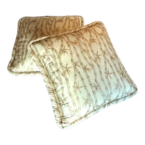 Mid 20th Century Chinoiserie Champagne and Bronze Bamboo Print Satin Pillows- A Pair