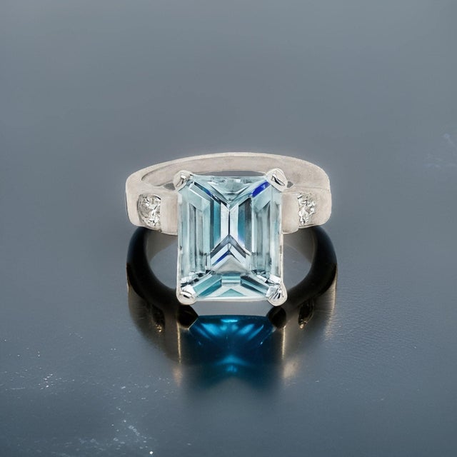 Traditional Natural Aquamarine Diamond Ring 6.25 Platinum 5.3 TCW Certified For Sale - Image 3 of 13