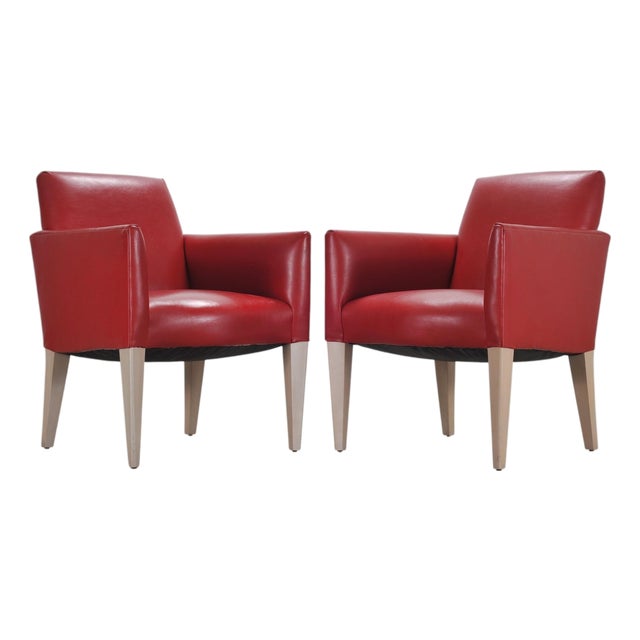 Pair of Italian Art Deco Style Red Leather Lounge Armchairs For Sale