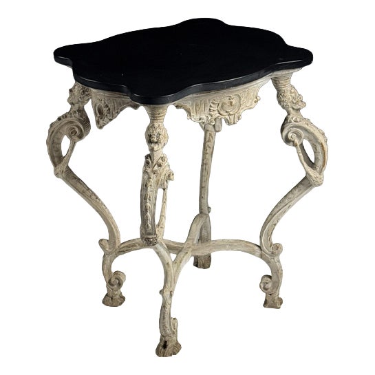 French Side Table in Hand-Carved Wood with Marble Top For Sale