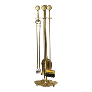 Mid 20th Century Solid Brass Seashell Handle Fireplace Tool Set With Scallop Shell Base Stand For Sale