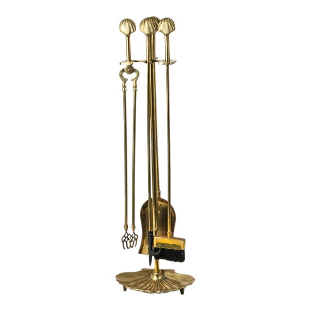 Mid 20th Century Solid Brass Seashell Handle Fireplace Tool Set With Scallop Shell Base Stand For Sale
