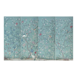 Hand Painted Dusty Blue Chinoiserie Floral & Bird Mural 4-Panel Set For Sale