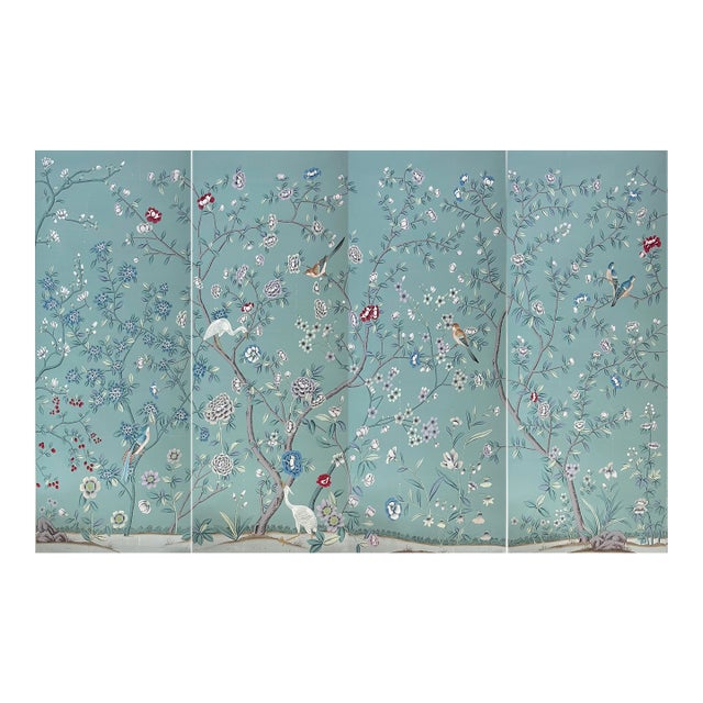 Hand Painted Dusty Blue Chinoiserie Floral & Bird Mural 4-Panel Set For Sale
