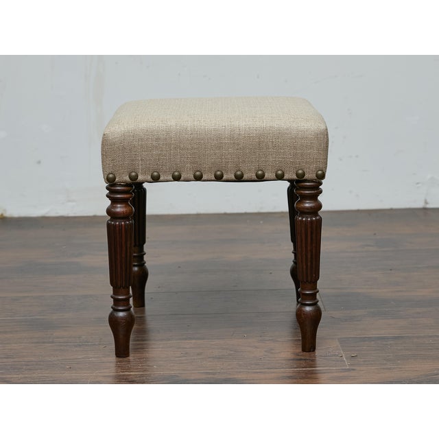 English Mahogany 19th Century Stool with Turned Legs and Custom Linen Upholstery For Sale - Image 11 of 12