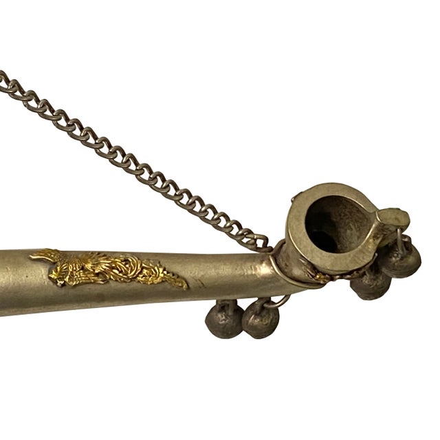 Chinese Pipe Shape Silver Pewter Color Happy Buddha Coins Display Art For Sale - Image 4 of 6