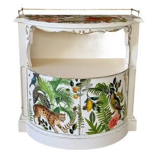 Vintage Hollywood Regency Tropical Decoupage Demi Lune Cabinet For Sale