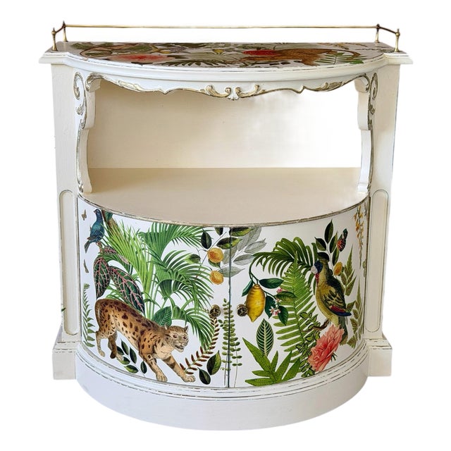 Vintage Hollywood Regency Tropical Decoupage Demi Lune Cabinet For Sale