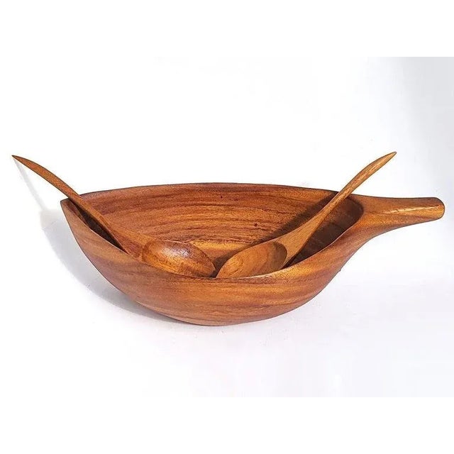 Arthur Umanoff Mid-century Carved Wood Salad Set, Bowls and Serving Utensils Arthur Umanoff Mid-century Carved Wood Salad...