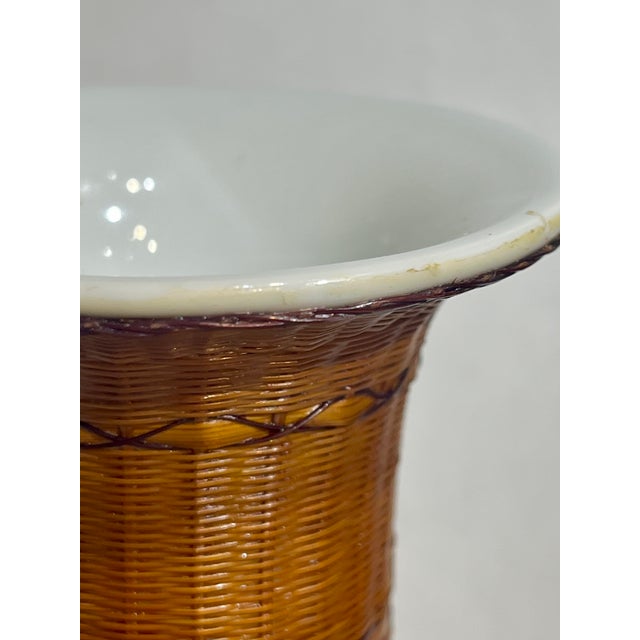 Vintage Chinese Porcelain and Woven Wicker Vase For Sale - Image 10 of 13