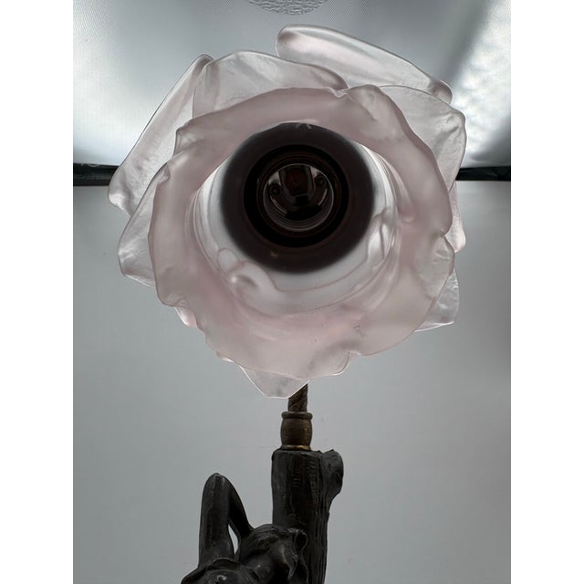 1900s Art Nouveau Bronze Figural Table Lamp With Pink Glass Flower Shade For Sale - Image 10 of 12