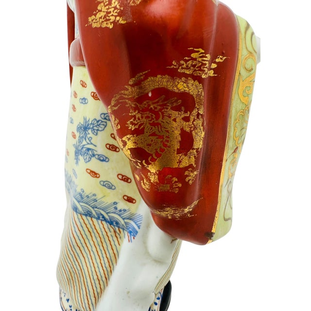 Vintage Chinese Lu Xing God of Prosperity Statue | 1970s Famille Rose Porcelain Figurine | Asian Home Decor Feng Shui Collectible | Good Fortune Gift For Sale - Image 10 of 13