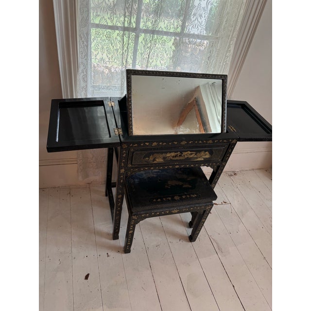 Black Vintage Chinoiserie Black Lacquer Folding Dressing Table/Vanity With Original Mirror and Matching Stool, 2 Pieces For Sale - Image 8 of 10