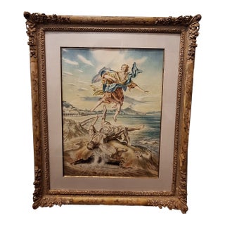 1950s Edward Laning Watercolor Painting St. Michael Defeating Fallen Angel Satan For Sale