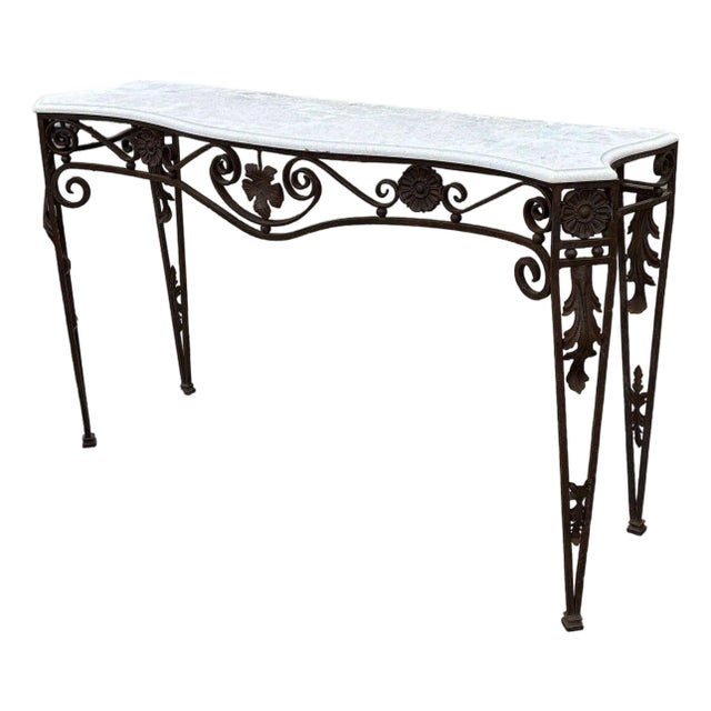 20th Century Neo-Gothic Bronze Colored Cast Iron Console W/ Carrara Marble Top For Sale