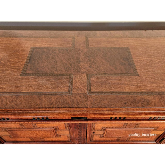 Wood Antique 1920s William & Mary Gothic Walnut Oak Inlaid Sideboard Locking W/Key For Sale - Image 7 of 12