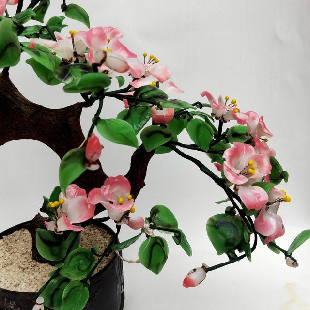 Glass Vintage Lampwork Glass Bonsai Tree – Pink Blossoms & Green Leaves For Sale - Image 7 of 8