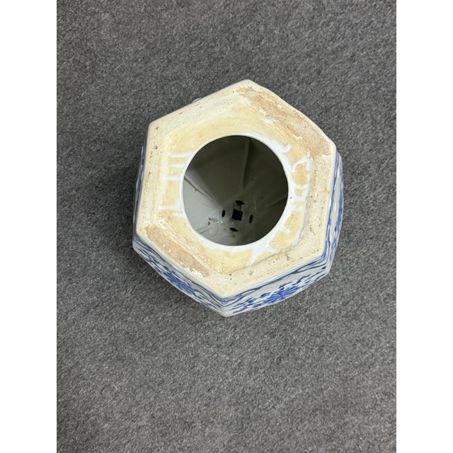 Chinese blue and white porcelain garden stool in a hexagonal form, decorated throughout with intricate floral and foliate...
