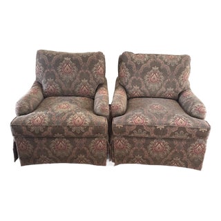 1990s Pair of Custom Stanford Furniture Traditional Rolled Arm Skirted Chairs in Damask For Sale