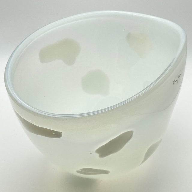 Henry Dean (Belgium) Signed Cased Art Glass Centerpiece Bowl (Translucent White With White Dots) Large, Vintage For Sale - Image 11 of 16