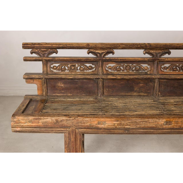 Wood Antique Chinese Rustic Wood Bench with Carved Openwork Back For Sale - Image 7 of 14
