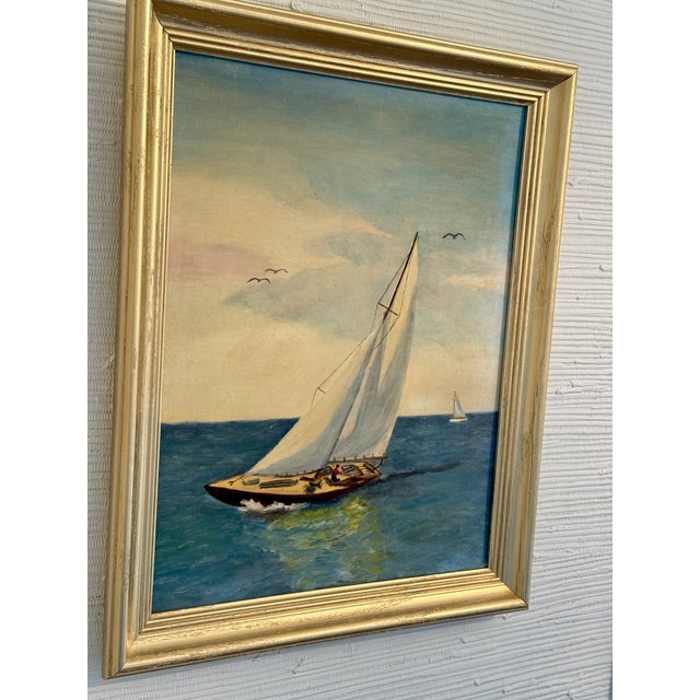 American Vintage Mid-Century Nautical Sailboat Seascape Original Oil Painting in Gilt Frame For Sale - Image 3 of 11