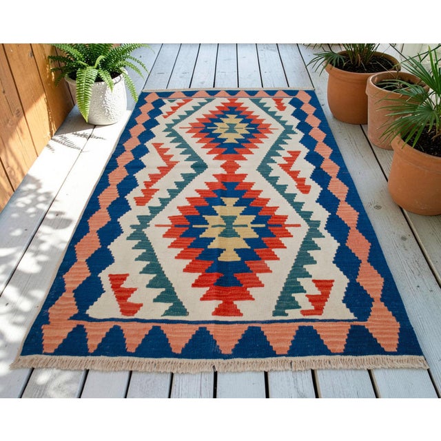 1980s Vintage Hand Woven Turkish Rug Flat Weave Wool Area Kilim Oushak Rug For Sale - Image 4 of 12