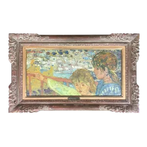French Oil Painting Titled "Children in Front of the Sea" by Helene Girod De l'Ain