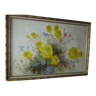 1980s Gold Frame Art Hanging Picture Home Decor Yellow and Blue Flowers For Sale