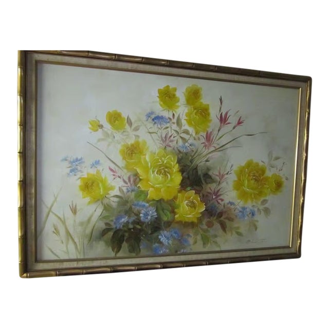 1980s Gold Frame Art Hanging Picture Home Decor Yellow and Blue Flowers For Sale