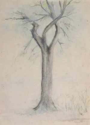 Small Vintage Lone Tree in Winter Watercolor Painting