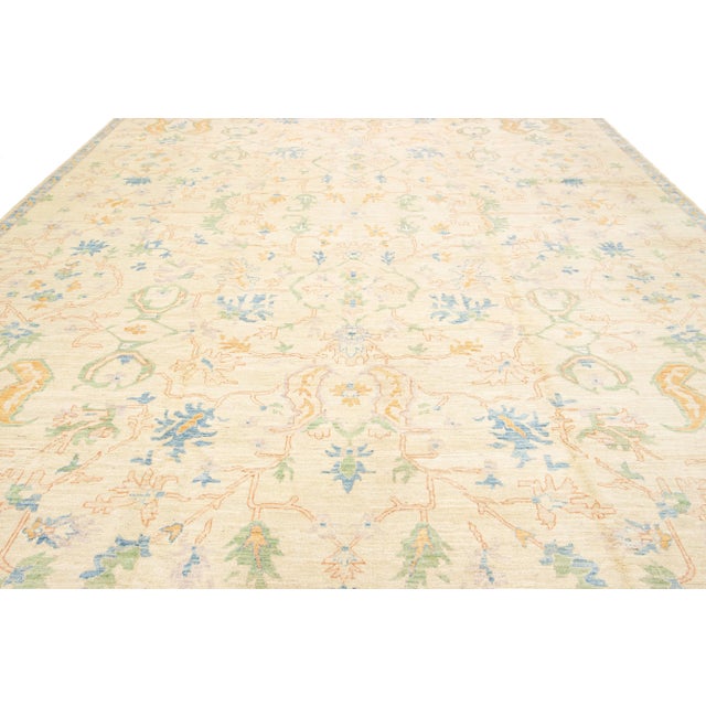 Textile Contemporary Oushak Style Wool Rug in Beige With Allover Floral Design For Sale - Image 7 of 9